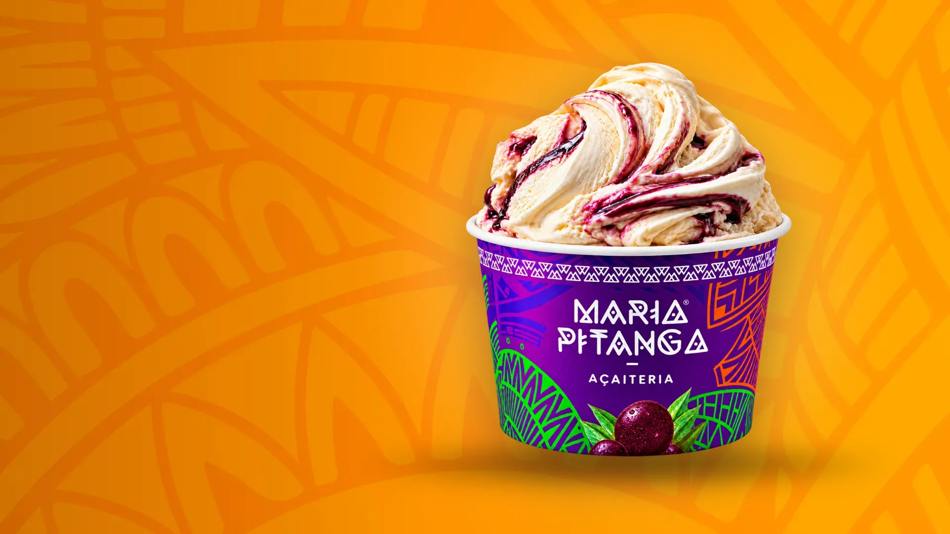 Ilustração com a identidade Maria Pitanga: gelato sobre a estampa marajoara laranja