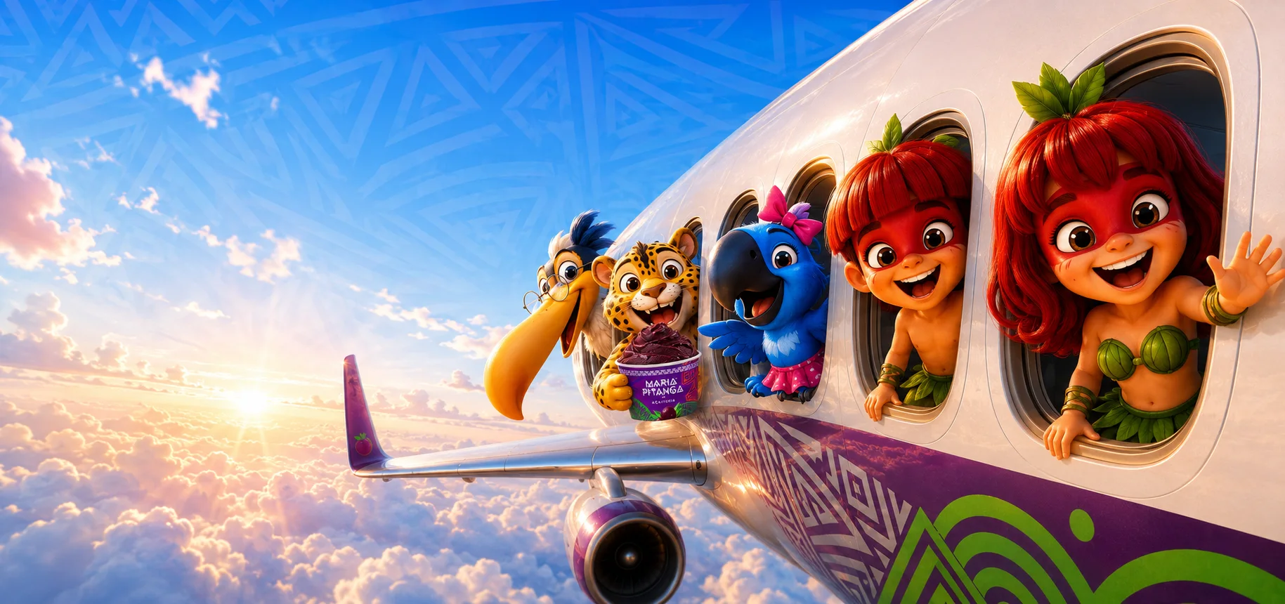 A turma da Maria Pitanga acenando das janelas de um avião acima das nuvens, com um pote de açaí